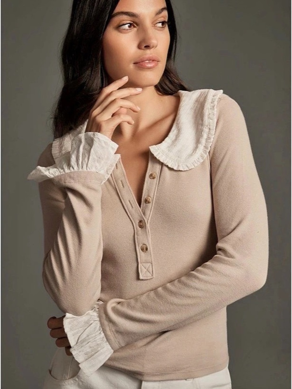 Pilcro Keira Long- Sleeve Blouse Khaki size S Ruffle Collar Long Sleeve Top